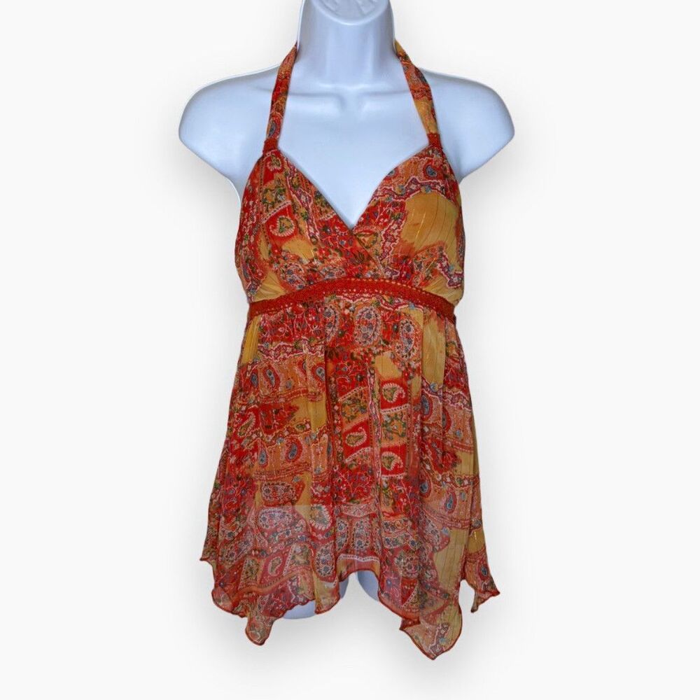 Jordache Orange Paisley Halter Chiffon Mini Dress Lined Tie Juniors Size M